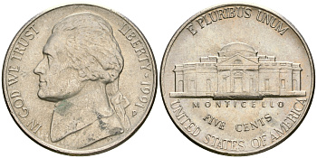 США 5 центов 1991 Р, Томас Джефферсон KM А192 медно-никель    4364-3542