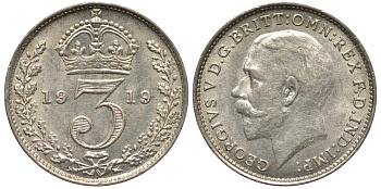 Великобритания 3 пенса 1919 Георг V (1910-1936) KM 813, Spink 4015 серебро 4528-467