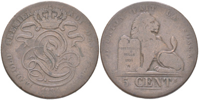 Бельгия 5 сантимов 1834 Belges, Леопольд I (1831-1865) KM 5 медь 4620-1012