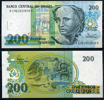 Бразилия 200 новых крузадо 1989 серия A 1461, скульптура Республики Pick 229 бумага UNC (пресс) 2196-35-3-2