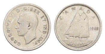 Канада 10 центов 1940 Георг VI (1936-1952), парусник KM 34 серебро 4651-342