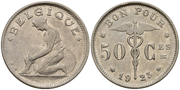 Бельгия 50 сантимов 1923 Belgique KM 87 никель 4189-755