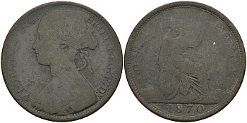 Великобритания 1 пенни 1870 Виктория (1837-1901) KM 749.2, Spink 3954 бронза 4144-635