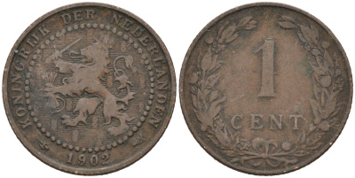 Нидерланды 1 цент 1902 Вильгельмина (1890-1948) KM 132 бронза 4576-652