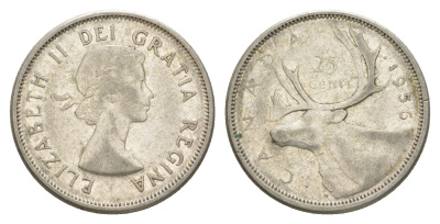 Канада 25 центов 1956 Елизавета II (1952-2022), олень KM 52 серебро 73-1452