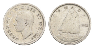 Канада 10 центов 1940 Георг VI (1936-1952), парусник KM 34 серебро 4651-342