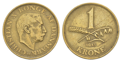 Дания 1 крона 1943 N, Кристиан X (1912-1947) KM 835 алюминиевая бронза 4638-654