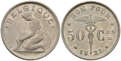 Бельгия 50 сантимов 1923 Belgique KM 87 никель 4189-755