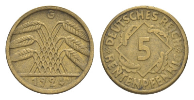 Германия 5 рентенпфеннигов 1924 G KM 32, J. 308 алюминиевая бронза 4636-451
