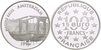 Франция 100 франков - 15 евро 1996 серия архитектурные монументы Европы, Магере-Брюг в Амстердаме, разводной мост через реку Амстел KM 1156 серебро PROOF 1074-4-64