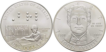 США 1 доллар 2009 Р, 200 лет со дня рождения Луи Брайля (1809-2009) KM 455 серебро UNC 1078-9-32