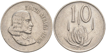 ЮАР 10 центов 1965 SOUTH, Ян ван Рибек (1619-1677), цветок АЛОЭ KM 68.1 никель 219-1244