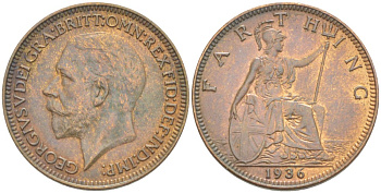 Великобритания 1 фартинг 1936 Георг V (1910-1936) KM 825, Spink 4061 бронза 4543-1053