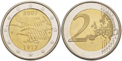 ФИНЛЯНДИЯ 2 ЕВРО 2007 90 ЛЕТ НЕЗАВИСИМОСТИ KM 135 биметалл UNC 26-352