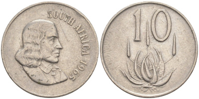 ЮАР 10 центов 1965 SOUTH, Ян ван Рибек (1619-1677), цветок АЛОЭ KM 68.1 никель 219-1244