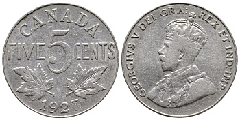 КАНАДА 5 ЦЕНТОВ 1927 ГЕОРГ V KM 29 никель 4364-2224