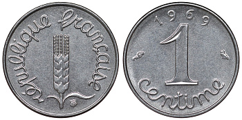 Франция 1 сантим 1969 пятая республика KM 928, Le Franc 106.18 нержавеющая сталь 4124-419