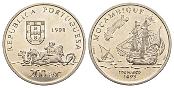 Португалия 200 эскудо 1998 Путешествие Васко да Гамы в Индию 1498 года - Мозамбик KM 711 медно-никель UNC 4677-415