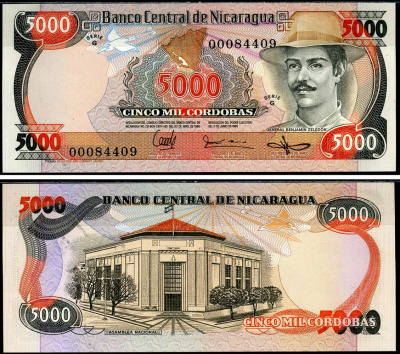 Никарагуа 5000 кордоба 1985 (1988) Бенхамин Селедон Pick 146 бумага UNC (пресс) 6283-33-2-2