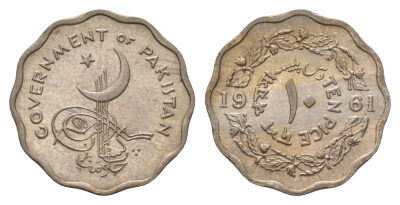 Пакистан 10 пайс 1961 TEN PAISA, год-тип KM 20 медно-никель UNC 4652-917