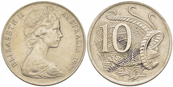 Австралия 10 центов 1971 Елизавета II (1952-), птица лирахвост KM 65 медно-никель 3457-641