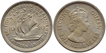 Британские Восточно-Карибские территории 10 центов 1959 Елизавета II (1952-2022), парусник KM 5 медно-никель 4387-814
