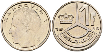 Бельгия 1 франк 1989 Belgique KM 170 железо плакированное никелем UNC 192-468