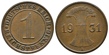 Германия 1 рейхспфенниг 1931 A KM 37, J. 313 бронза 4380-1221