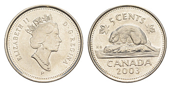Канада 5 центов 2003 P, Елизавета II (1952-2022), бобр KM 182b сталь плакированная никелем UNC 4636-627