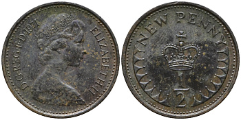 Великобритания 1/2 пенни 1971 Елизавета II (1952-2022) KM 914, Spink 4239 бронза 4181-365