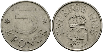 Швеция 5 крон 1988 Карл XVI Густав (1973- ) KM 853 медно-никель 4120-634