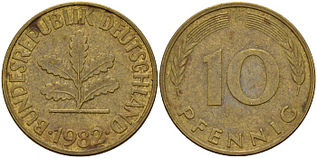ФРГ 10 пфеннигов 1982 F J. 383, KM 108 сталь плакированная латунью    4603-522