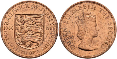 Джерси 1/12 шиллинга 1966 900 лет Нормандскому завоеванию KM 26 бронза UNC 4512-332