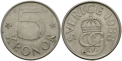 Швеция 5 крон 1988 Карл XVI Густав (1973- ) KM 853 медно-никель 4120-634