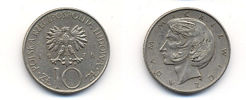 ПОЛЬША 10 ЗЛОТЫХ 1976 MW, АДАМ МИЦКЕВИЧ KM 74 медно-никель 23-1456