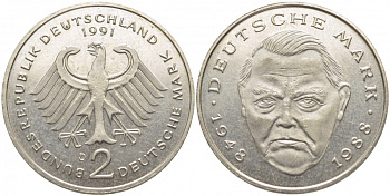ФРГ 2 МАРКИ 1991 D ЛЮДВИГ ЭРХАРД J. 445, KM 170 медно-никель плакированный никелем 3856-326