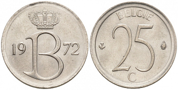 БЕЛЬГИЯ 25 САНТИМОВ 1972 BELGIE, МОНЕТНЫЙ ТИП KM 154.1 медно-никель UNC 214-232
