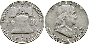 США 1/2 ДОЛЛАРА ( 50 ЦЕНТОВ ) 1962 D, ФРАНКЛИН, КОЛОКОЛ KM 199 серебро 58-633