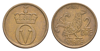 Норвегия 2 эре 1959 глухарь, Улаф V (1958-1991) KM 410 бронза 4649-1216