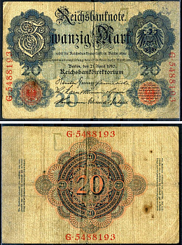 Германия 20 марок 1910 7 значный номер, серия G Pick 48 b бумага 8617-34-1-1