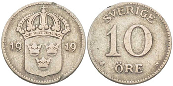Швеция 10 эре 1919 W, Густав V (1907-1950) KM 780 серебро 116-1151