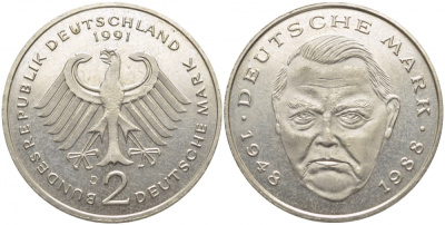 ФРГ 2 МАРКИ 1991 D ЛЮДВИГ ЭРХАРД J. 445, KM 170 медно-никель плакированный никелем 3856-326