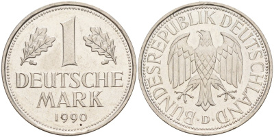 ФРГ 1 марка 1990 D KM 110, J. 385 медно-никель 4584-131