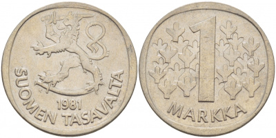 ФИНЛЯНДИЯ 1 МАРКА 1981 K KM 49а медно-никель UNC 3718-846