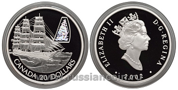 Канада 20 долларов 2002 перевозки, парусник Уильям Д. Лоуренс, голограмма, в фирменной коробке с сертификатом KM 465 серебро PROOF 4-3-2-04