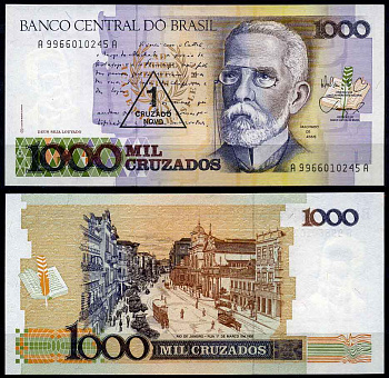 Бразилия 1 крузейро ново 1989 серия А 9966, надпечатка на 1000 крузадо, Мачадо де Ассис Pick 216 b бумага UNC (пресс)   447-15-3