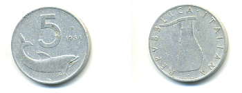 ИТАЛИЯ 5 ЛИР 1954 R, РУЛЬ, ДЕЛЬФИН KM 92 алюминий 80-212