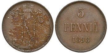 Россия для Финляндии 5 пенни 1898 Николай II (1894-1917) KM 15, Биткин 443 медь 51-923