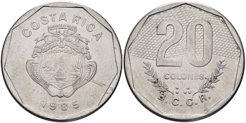 КОСТА-РИКА 20 КОЛОН 1985 сс KM 216.2 нержавеющая сталь 82-142