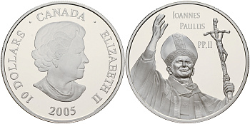Канада 10 долларов 2005 Иоанн Павел II, в оригинальной пластиковой коробке, с сертификатом KM 559 серебро PROOF 2-4-2-25
